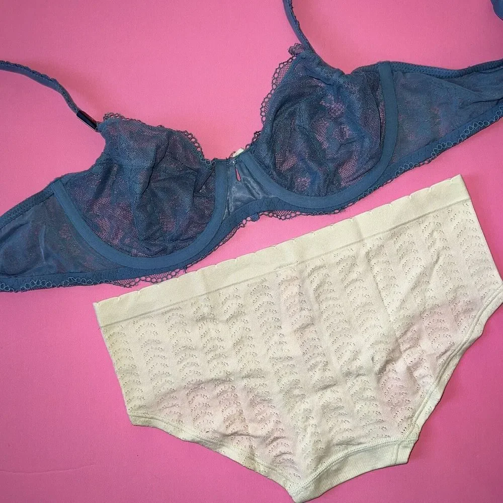 NWT Victoria's Secret unlined 34C BRA SET M Panty TEAL blue yellow lace BODY by